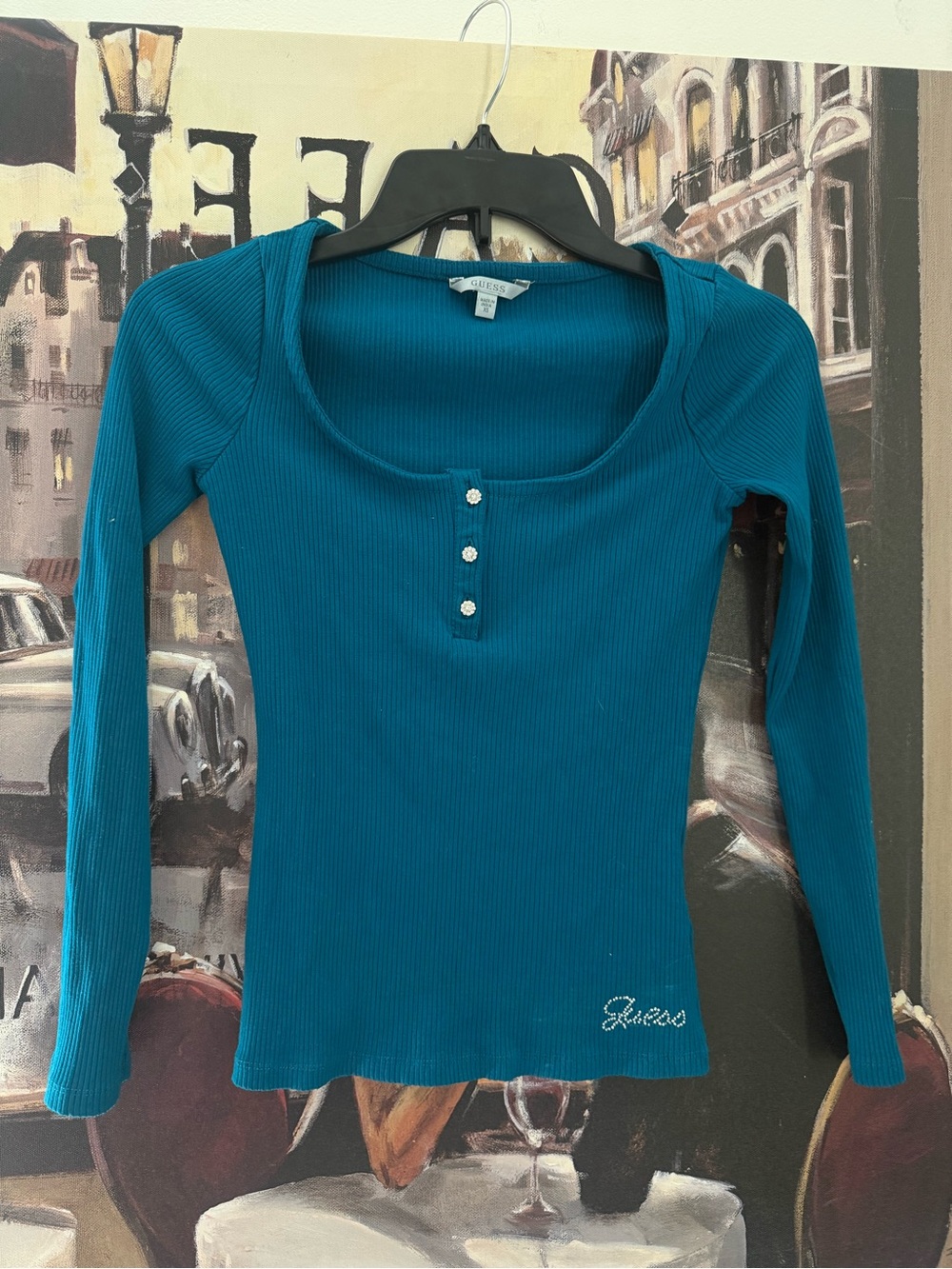 Guess Teal Ribbed Long Sleeve Scoop-Neck Top with Button Placket